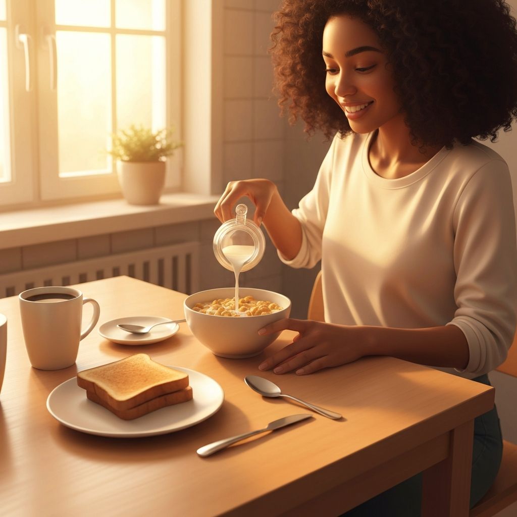 Desayuno cotidiano en mesa de cocina