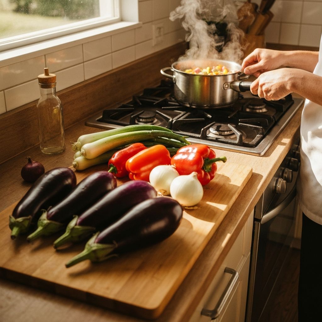 Mesa con alimentos frescos y preparación de comida